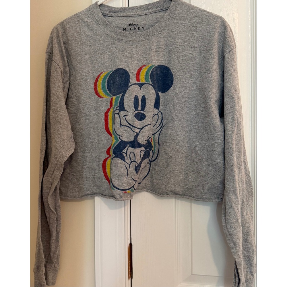 Disney Mickey Mouse Heather Gray Cropped Long Sleeve Graphic Tee Shirt Large